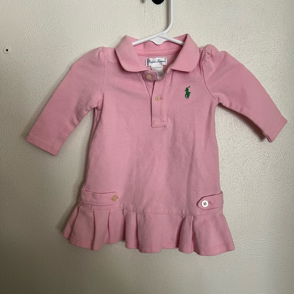RALPH LAUREN Classic Long Sleeve Ruffle Drop Waist Polo Dress Pink Baby Girl 6mo